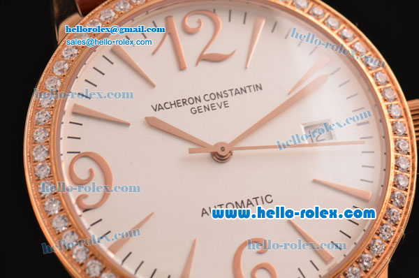 Vacheron Constantin Patrimony Swiss ETA 2824 Automatic Rose Gold Case Diamond Bezel with Brown Leather Strap White Dial Numeral/Stick Markers - Click Image to Close
